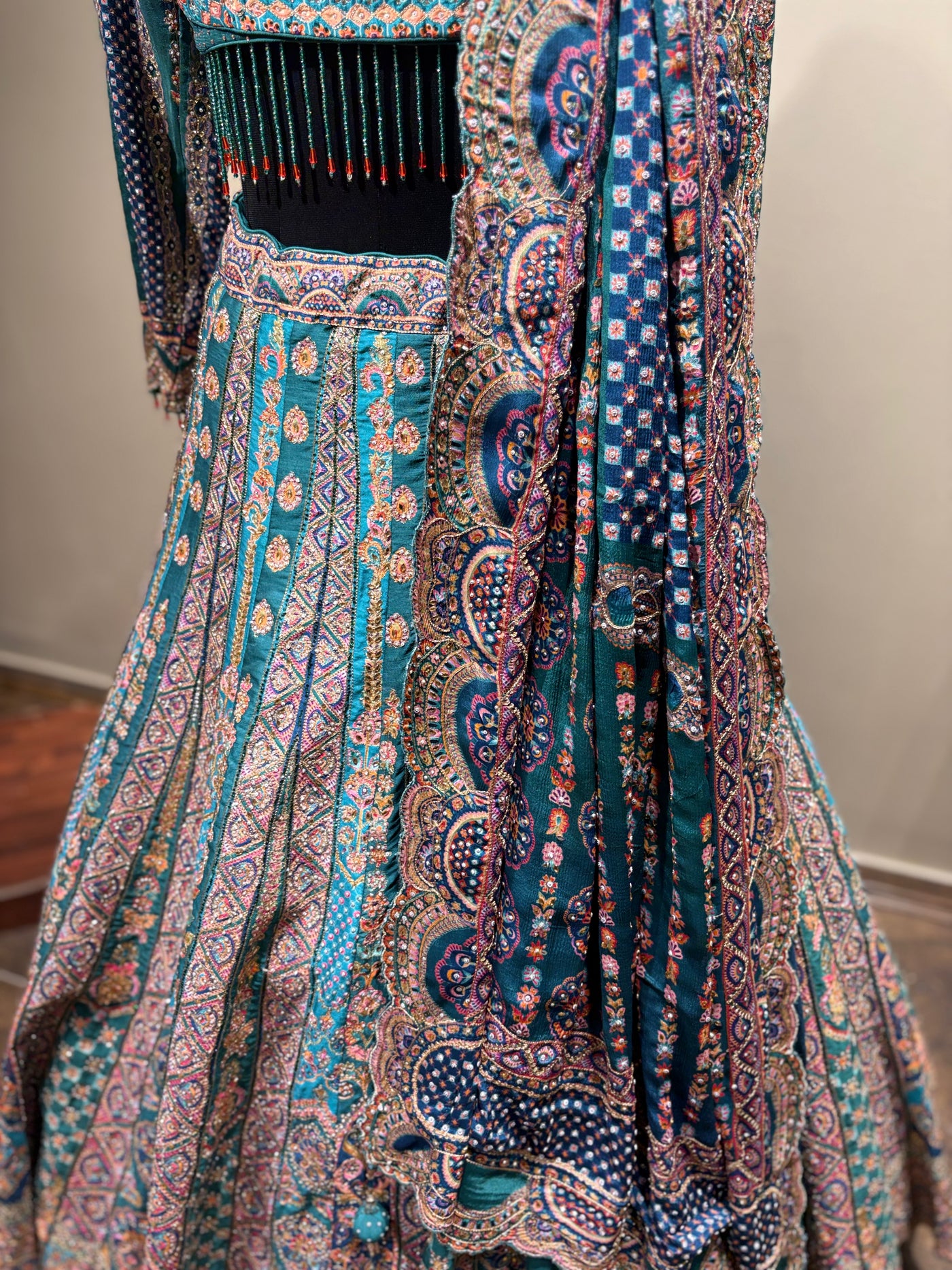 Teal Aqua Geometric and Paisley Print Lehenga (CCRL-541 D-32)