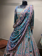 Teal Aqua Geometric and Paisley Print Lehenga (CCRL-541 D-32)