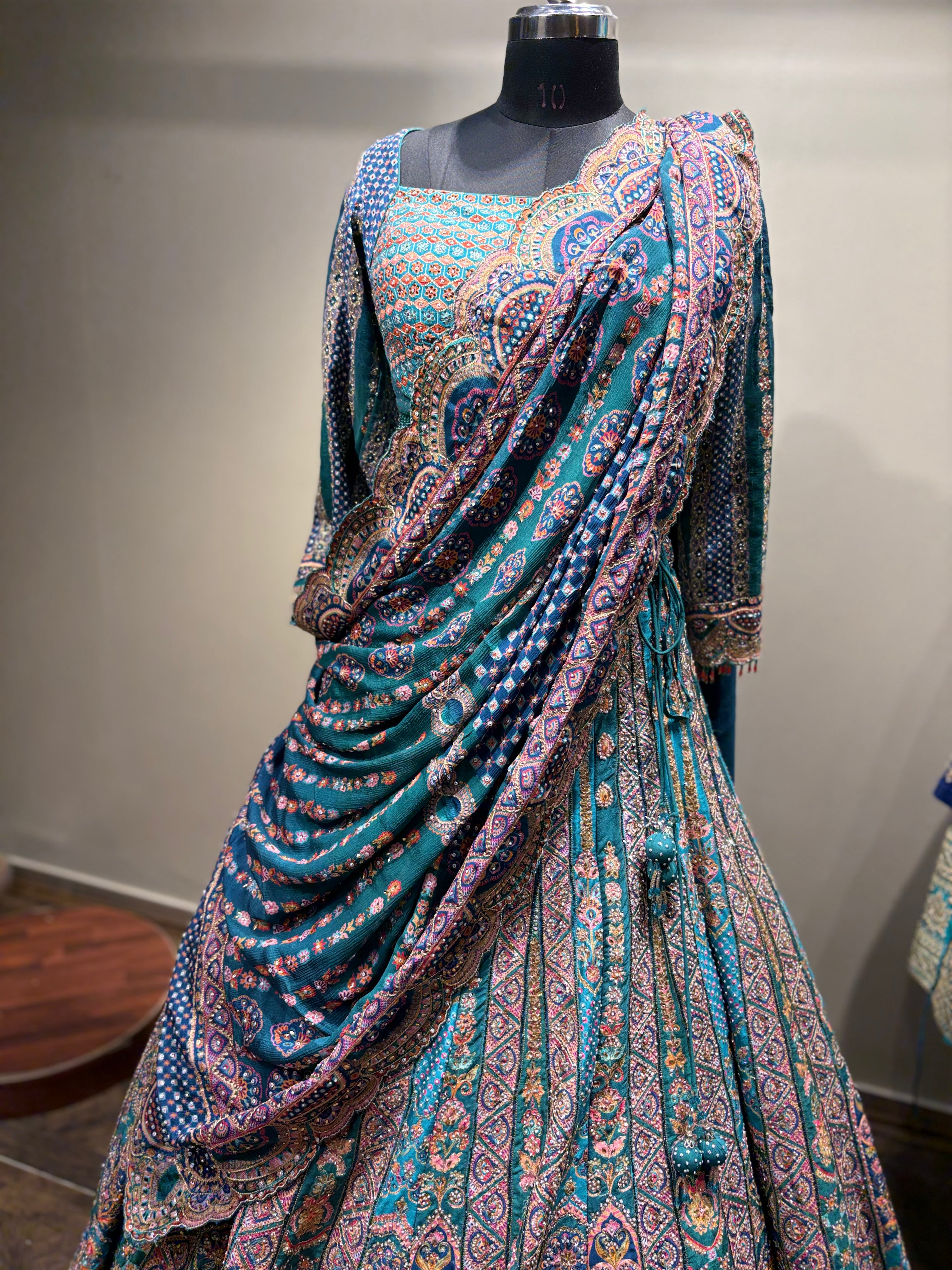 Teal Aqua Geometric and Paisley Print Lehenga (CCRL-541 D-32)