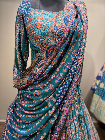 Teal Aqua Geometric and Paisley Print Lehenga (CCRL-541 D-32)