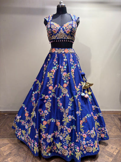 Royal Blue Floral Embroidered Lehenga with Pink Dupatta (JV-1588 D-86)