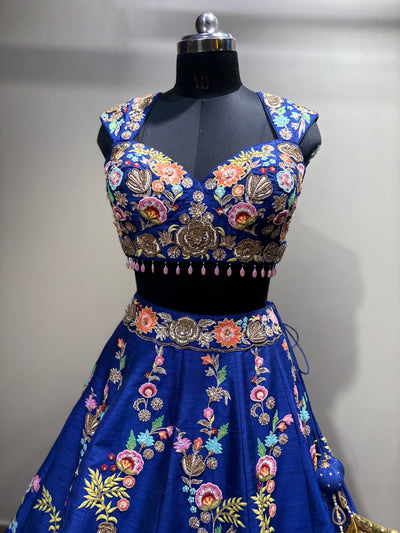 Royal Blue Floral Embroidered Lehenga with Pink Dupatta (JV-1588 D-86)