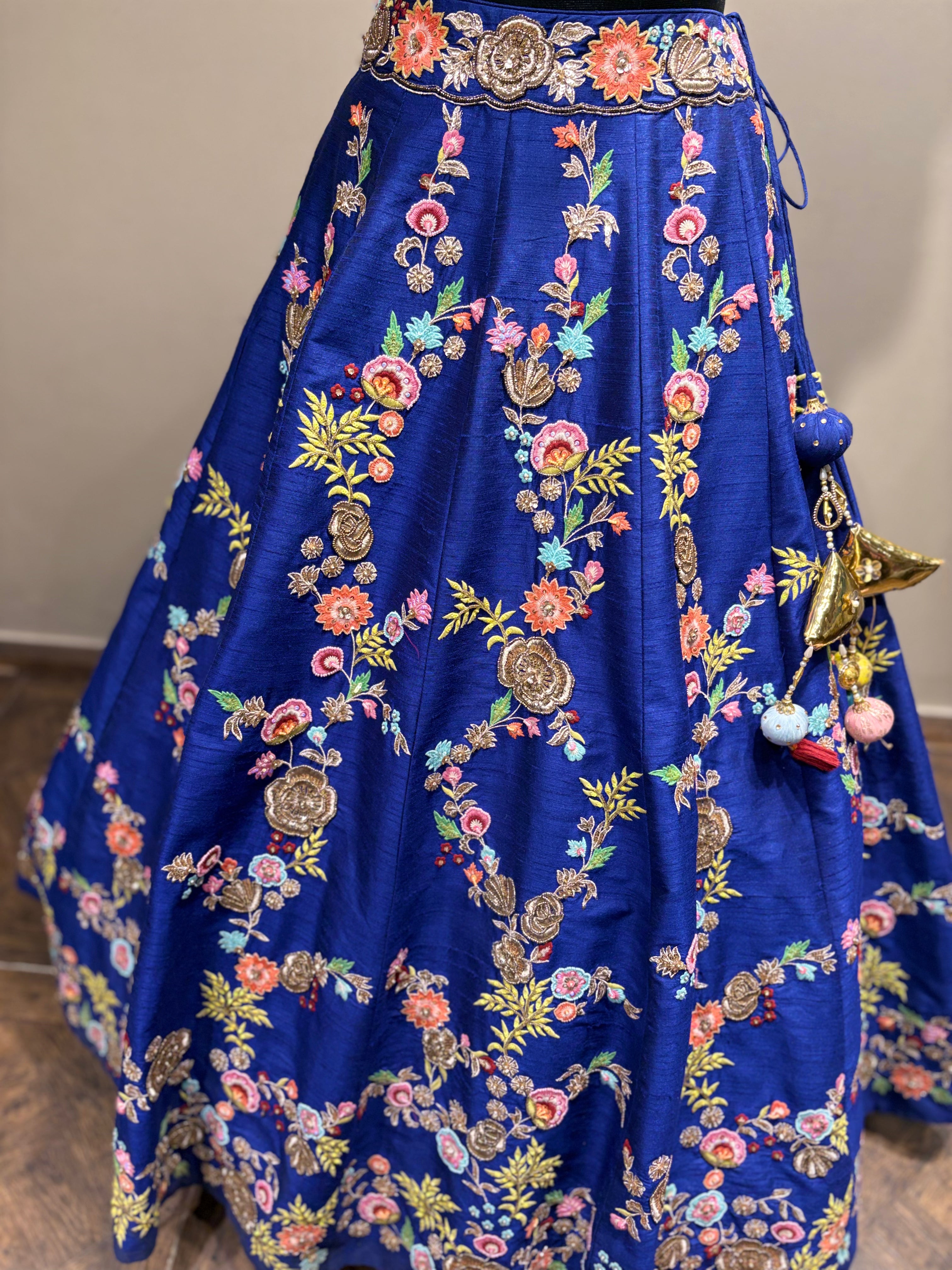 Royal Blue Floral Embroidered Lehenga with Pink Dupatta (JV-1588 D-86)