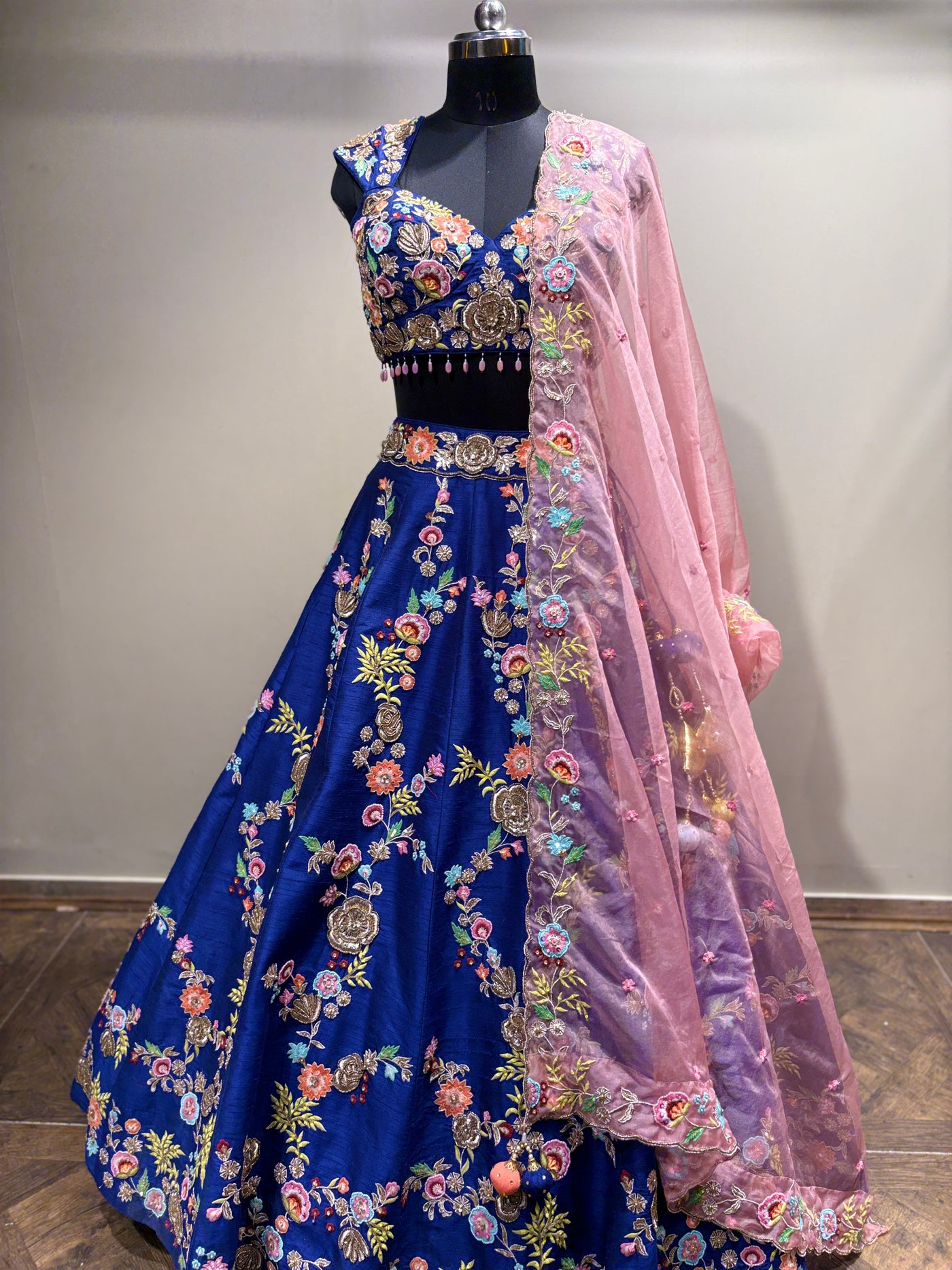 Royal Blue Floral Embroidered Lehenga with Pink Dupatta (JV-1588 D-86)