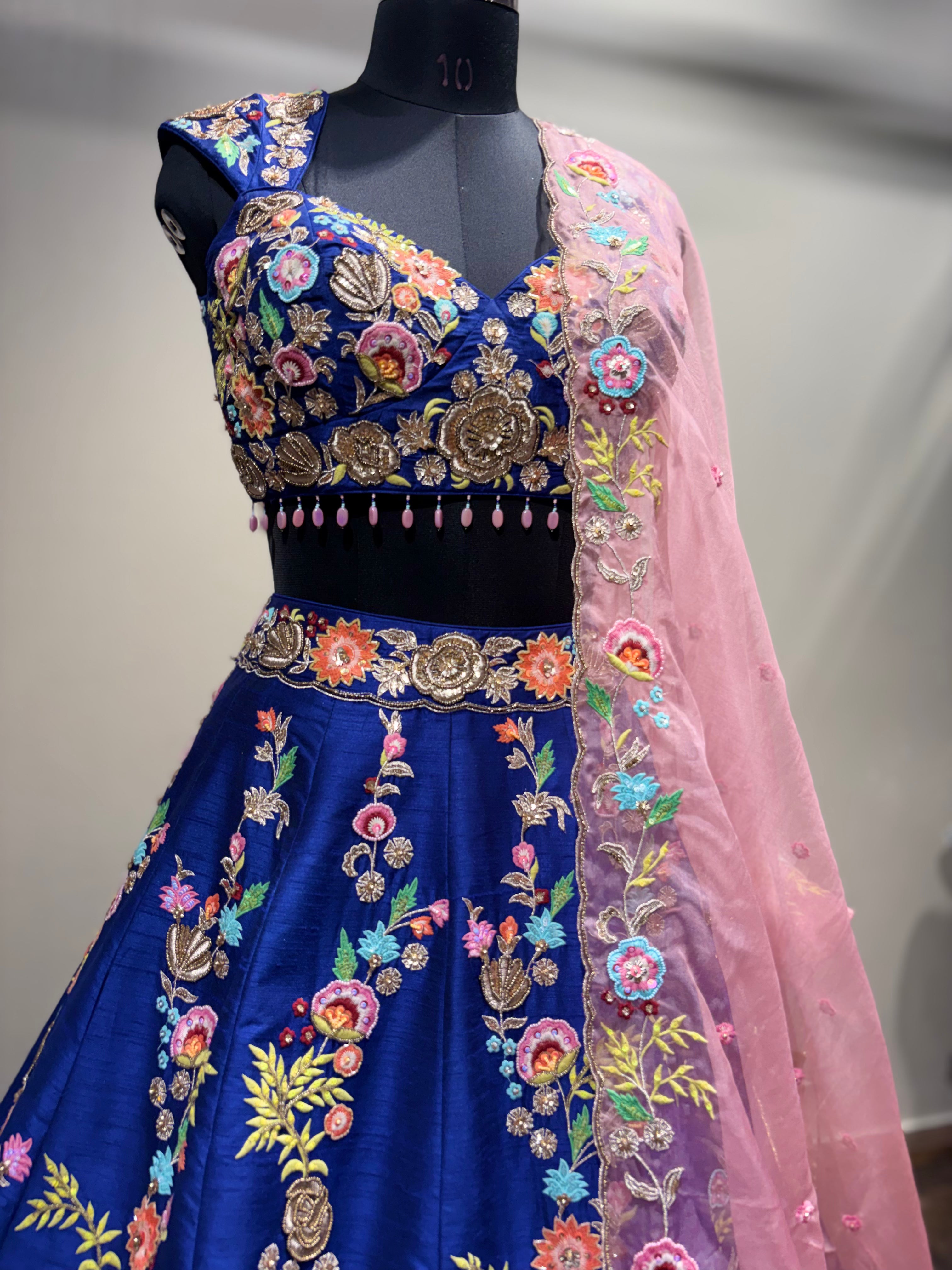 Royal Blue Floral Embroidered Lehenga with Pink Dupatta (JV-1588 D-86)
