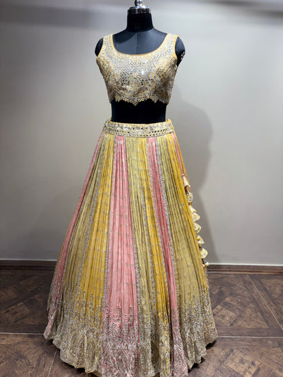 Pastel Yellow & Pink Mirror Work Panel Lehenga (D-1 D-80)