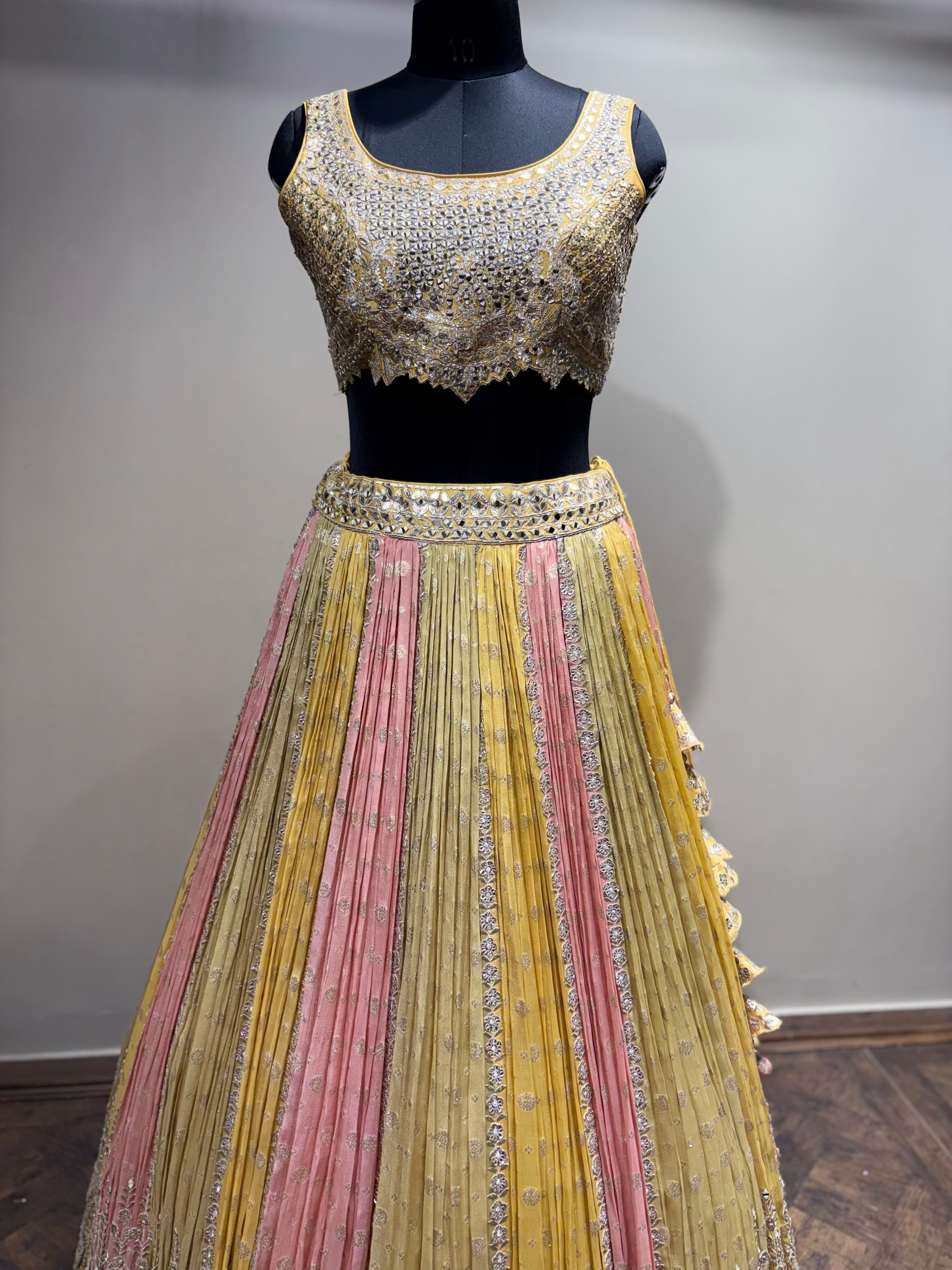 Pastel Yellow & Pink Mirror Work Panel Lehenga (D-1 D-80)