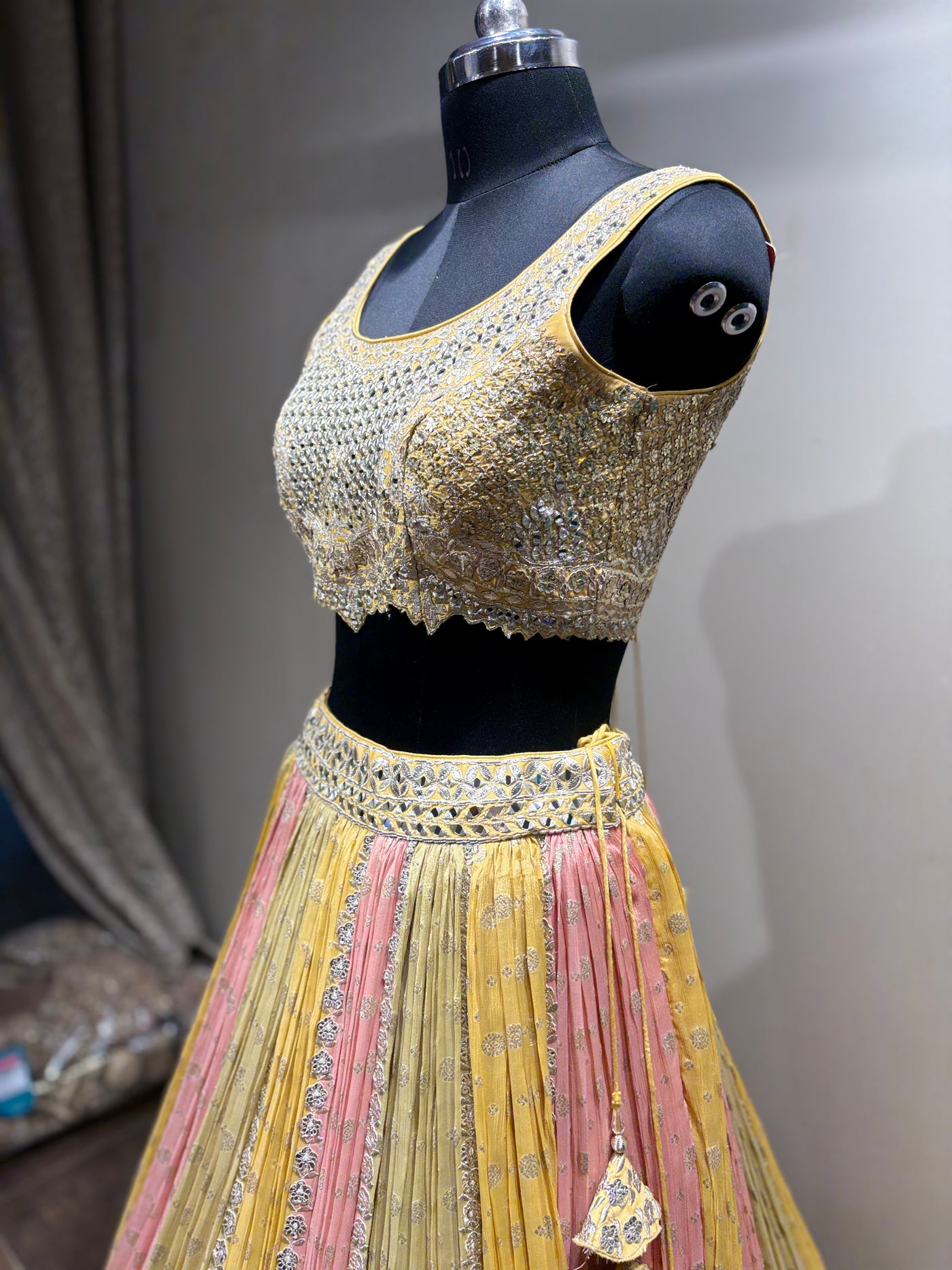 Pastel Yellow & Pink Mirror Work Panel Lehenga (D-1 D-80)