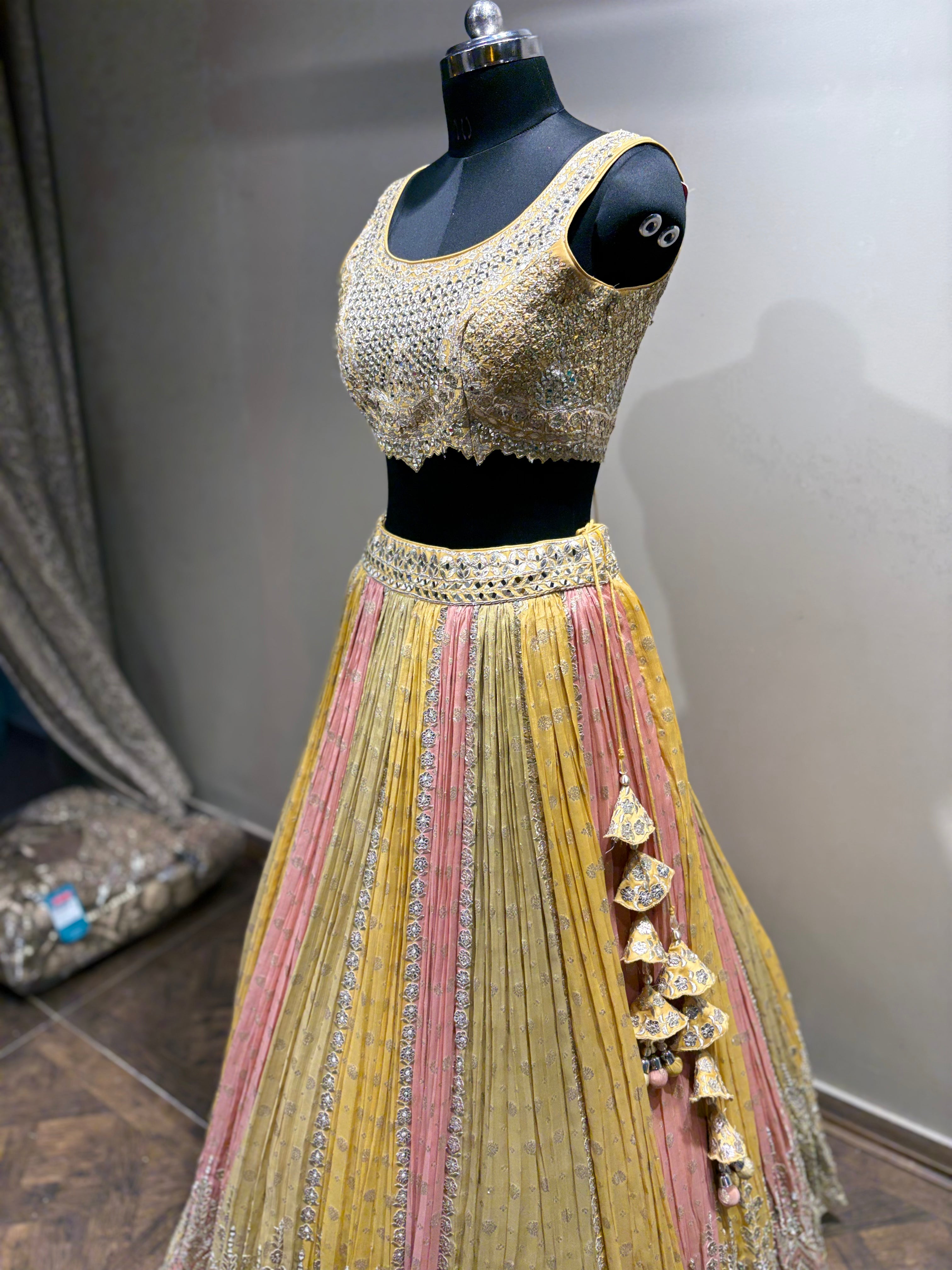 Pastel Yellow & Pink Mirror Work Panel Lehenga (D-1 D-80)