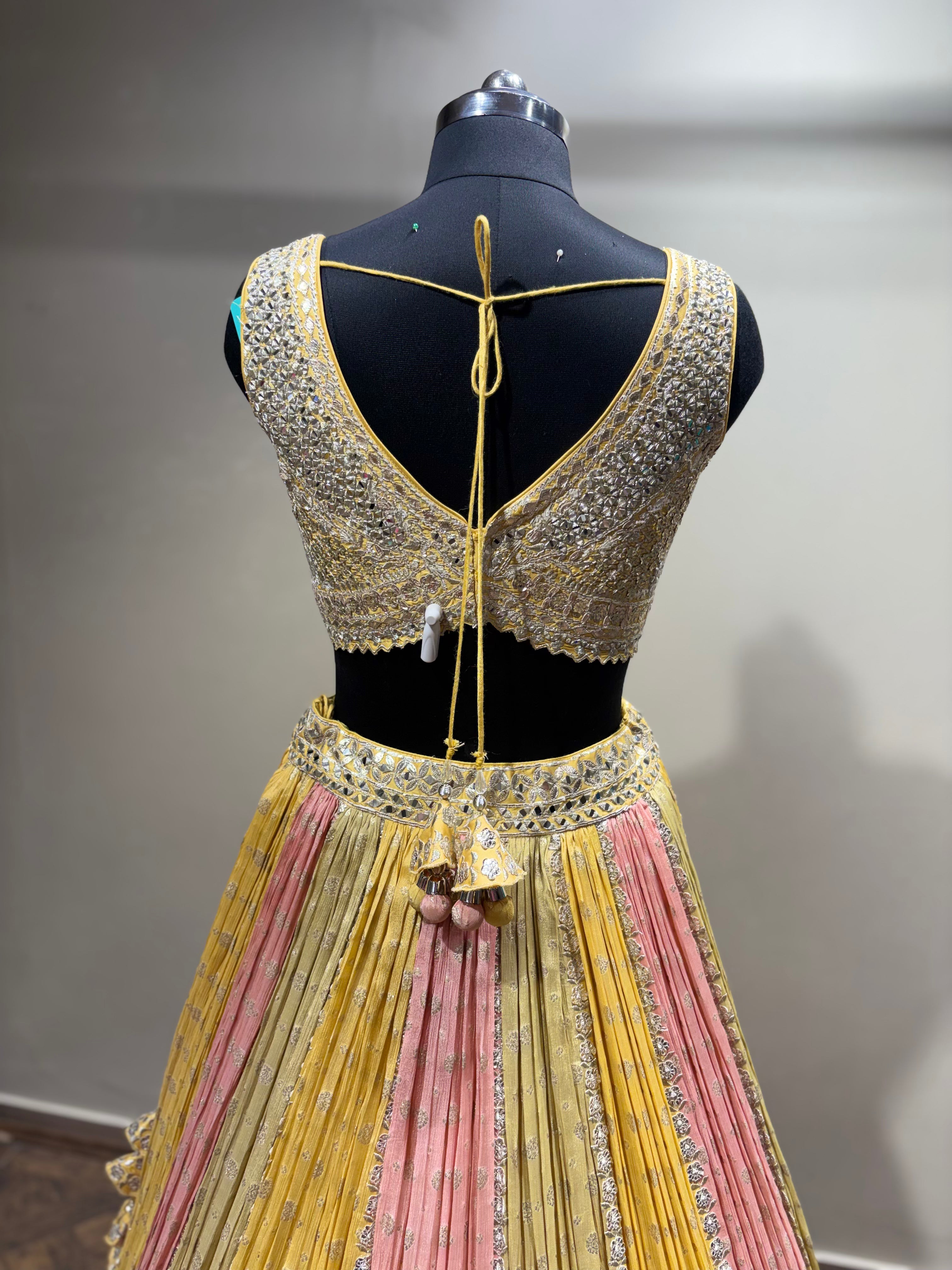 Pastel Yellow & Pink Mirror Work Panel Lehenga (D-1 D-80)