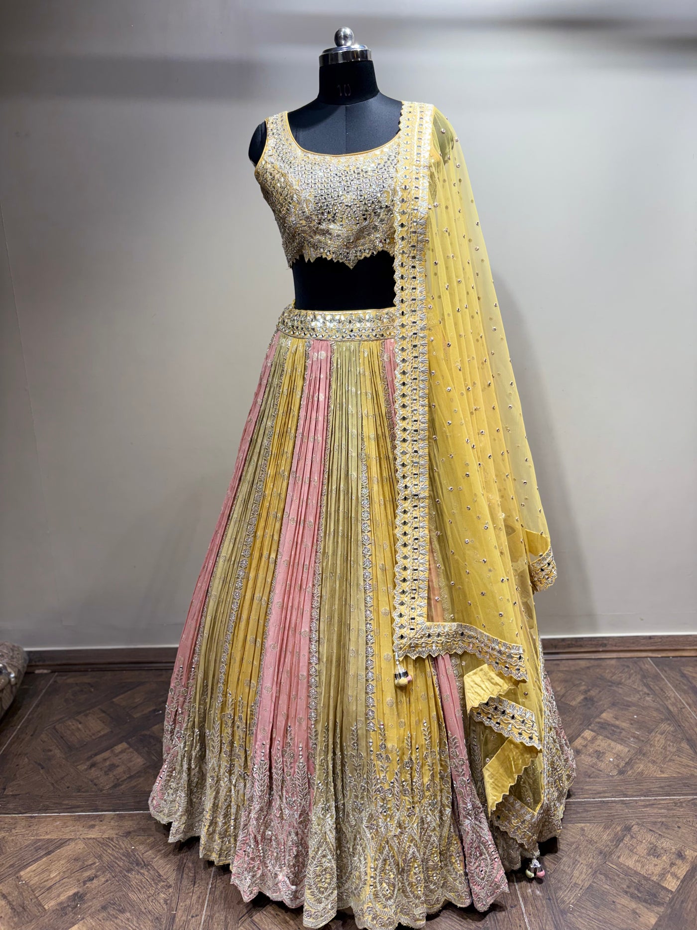Pastel Yellow & Pink Mirror Work Panel Lehenga (D-1 D-80)