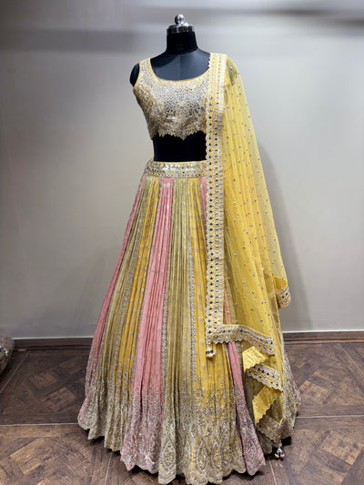 Pastel Yellow & Pink Mirror Work Panel Lehenga (D-1 D-80)