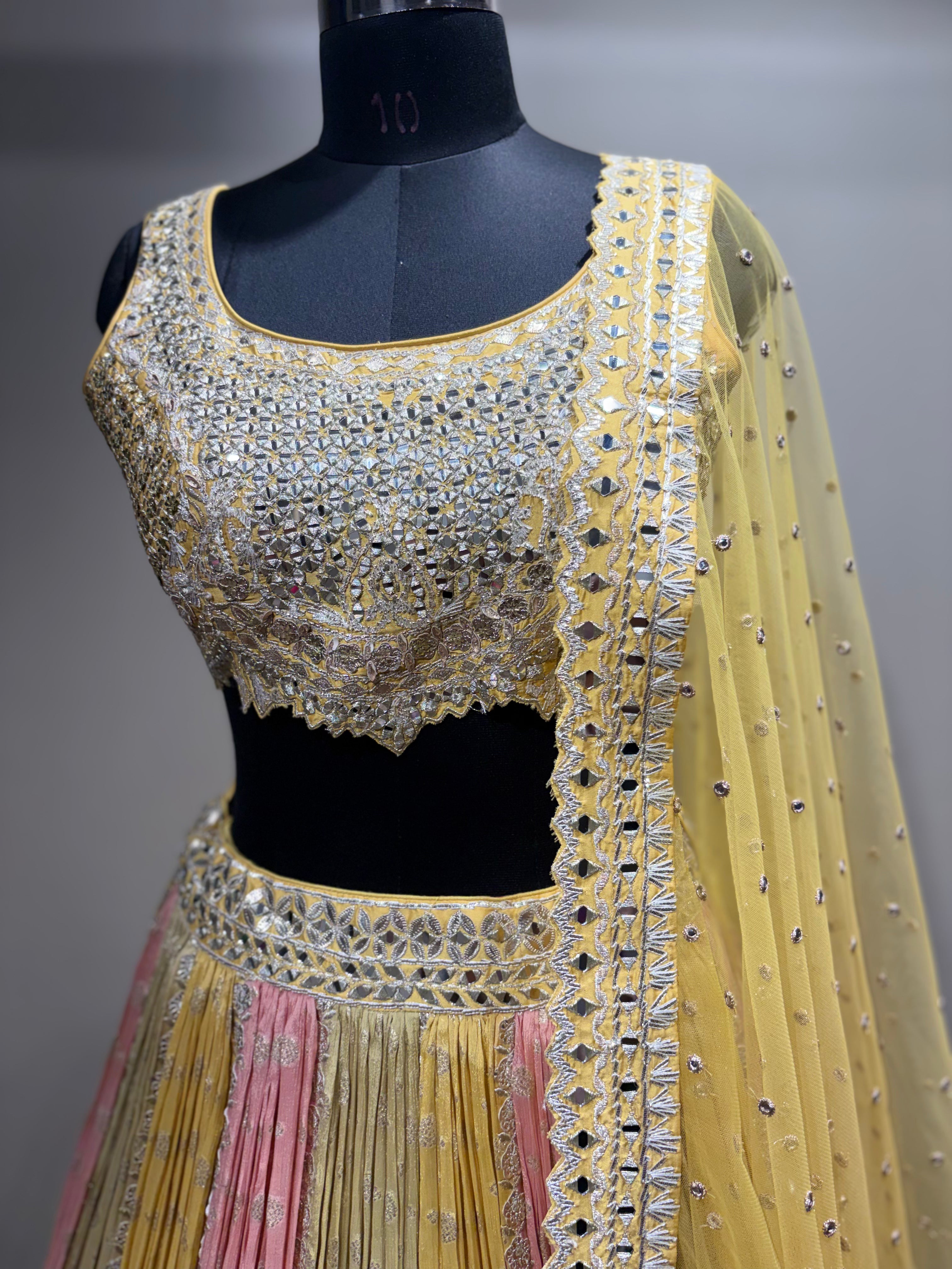 Pastel Yellow & Pink Mirror Work Panel Lehenga (D-1 D-80)
