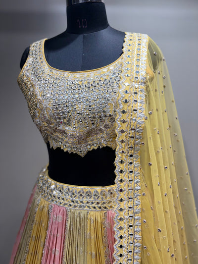 Pastel Yellow & Pink Mirror Work Panel Lehenga (D-1 D-80)