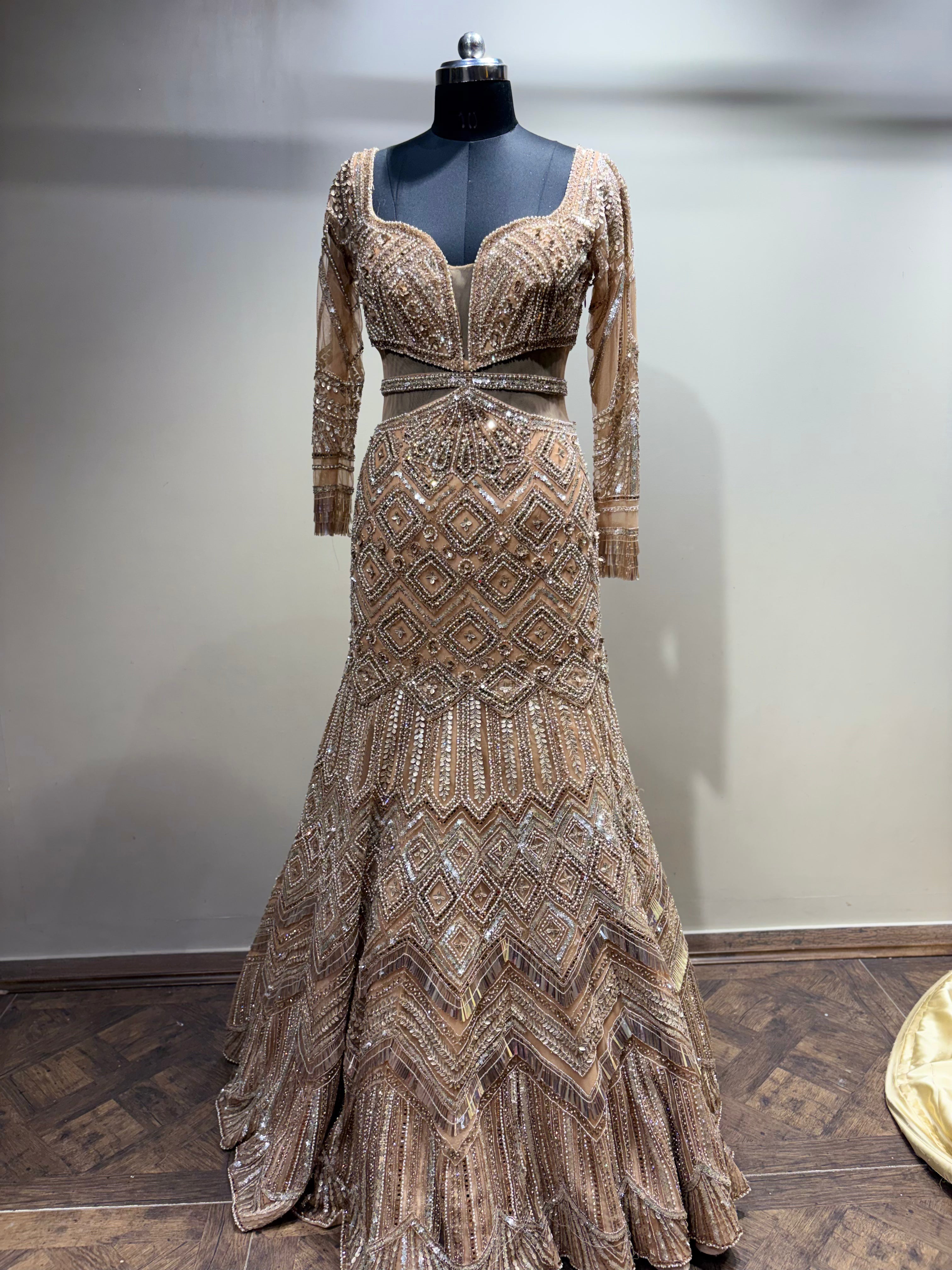 Beige Geometric Crystal Embellished Gown (NCN-1852 D-5) Main image