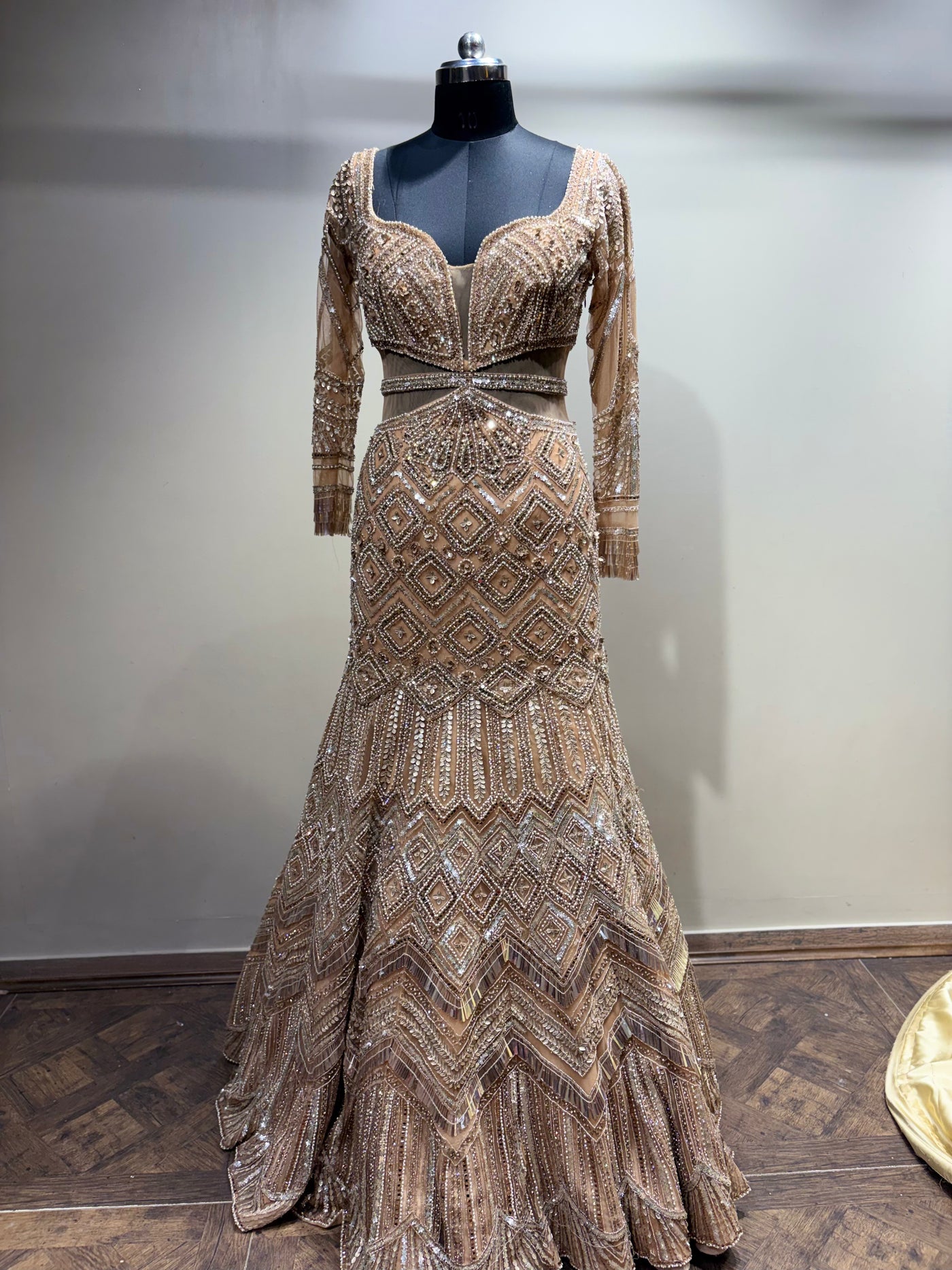 Beige Geometric Crystal Embellished Gown (NCN-1852 D-5)