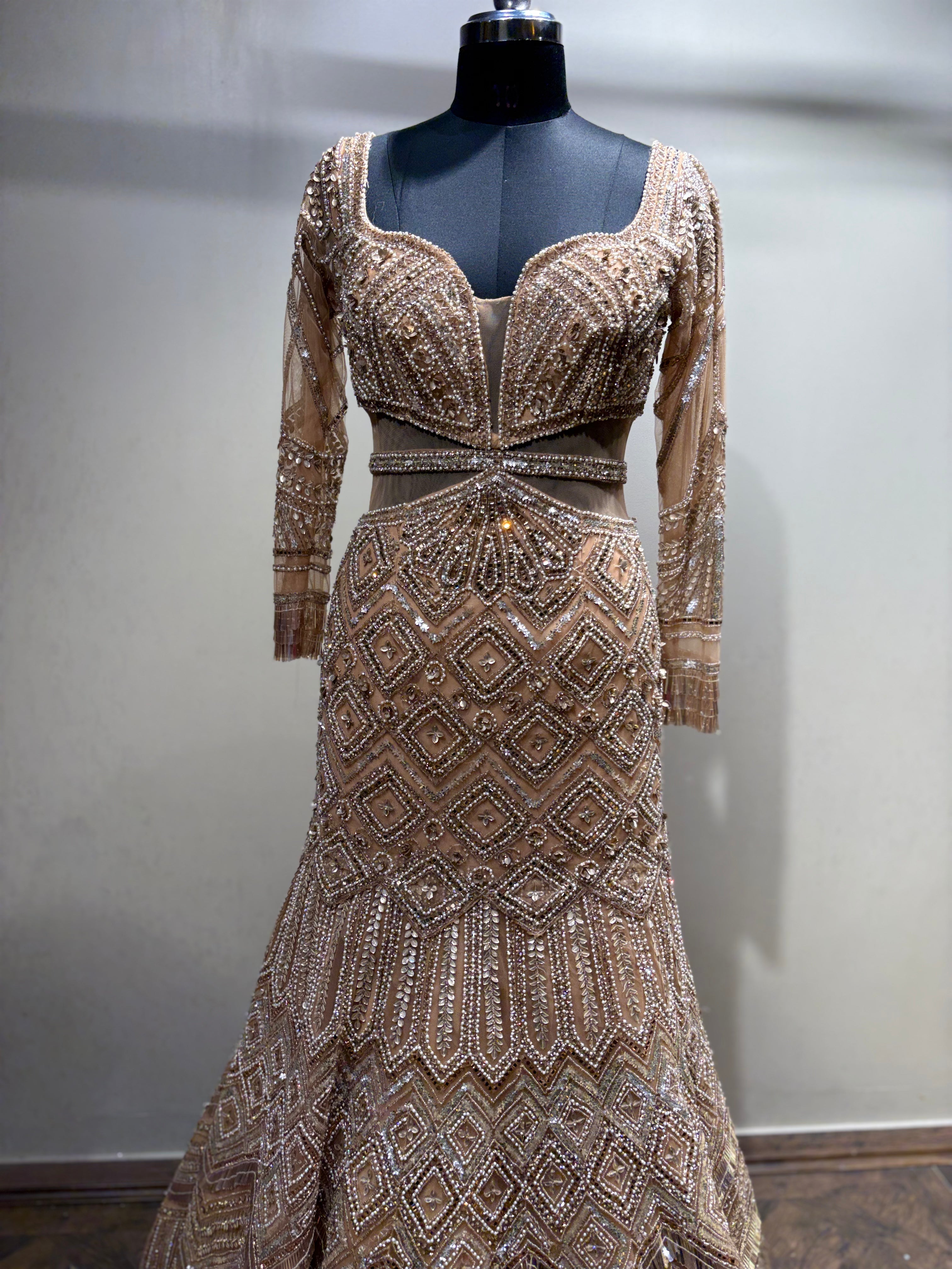 Beige Geometric Crystal Embellished Gown (NCN-1852 D-5) Secondary image