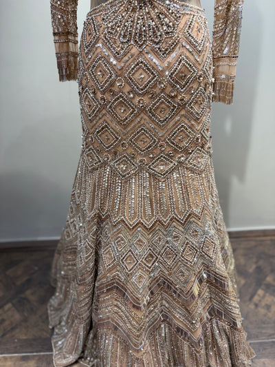 Beige Geometric Crystal Embellished Gown (NCN-1852 D-5)