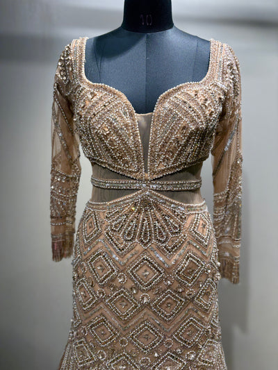 Beige Geometric Crystal Embellished Gown (NCN-1852 D-5)