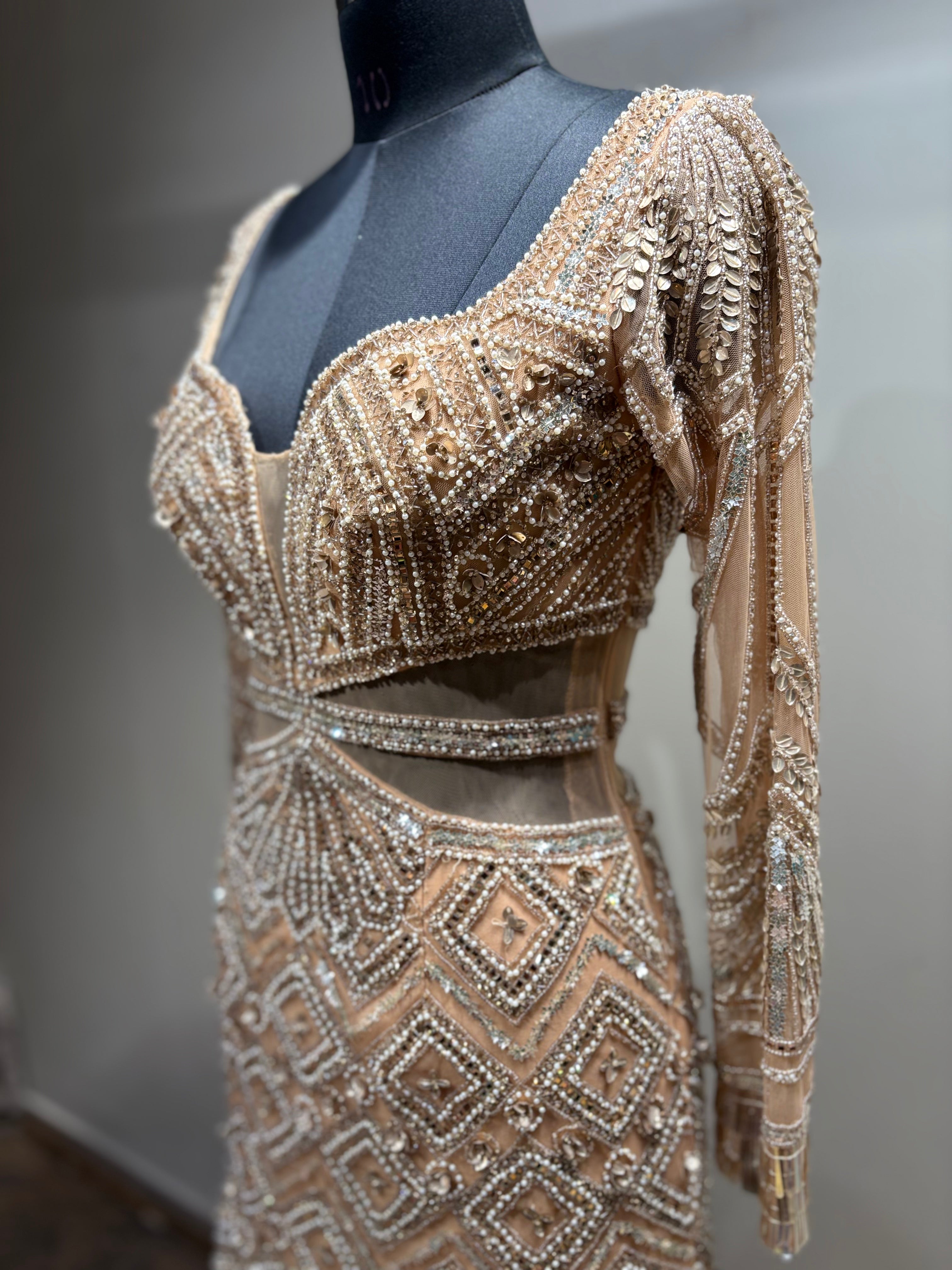 Beige Geometric Crystal Embellished Gown (NCN-1852 D-5)