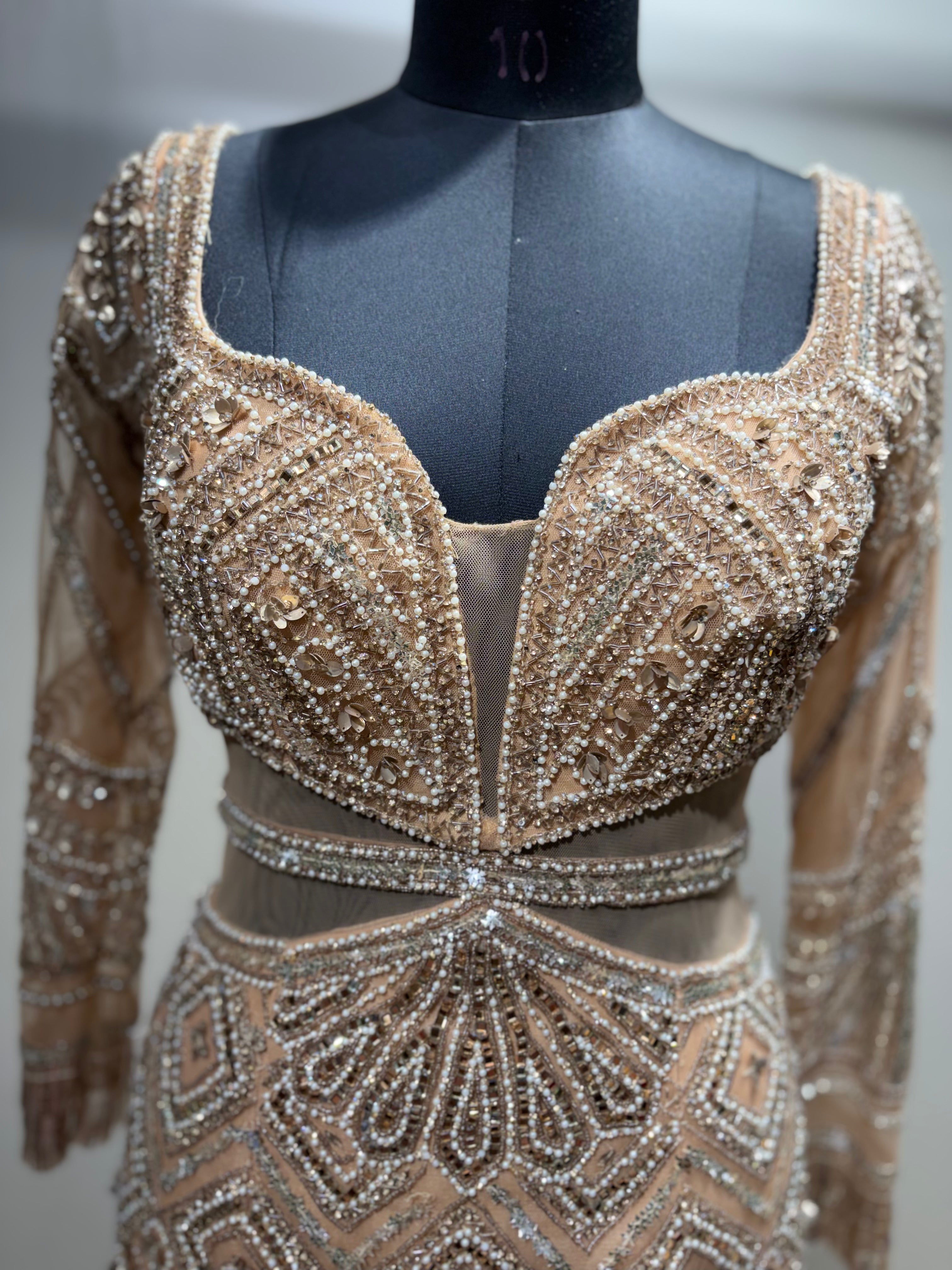 Beige Geometric Crystal Embellished Gown (NCN-1852 D-5)