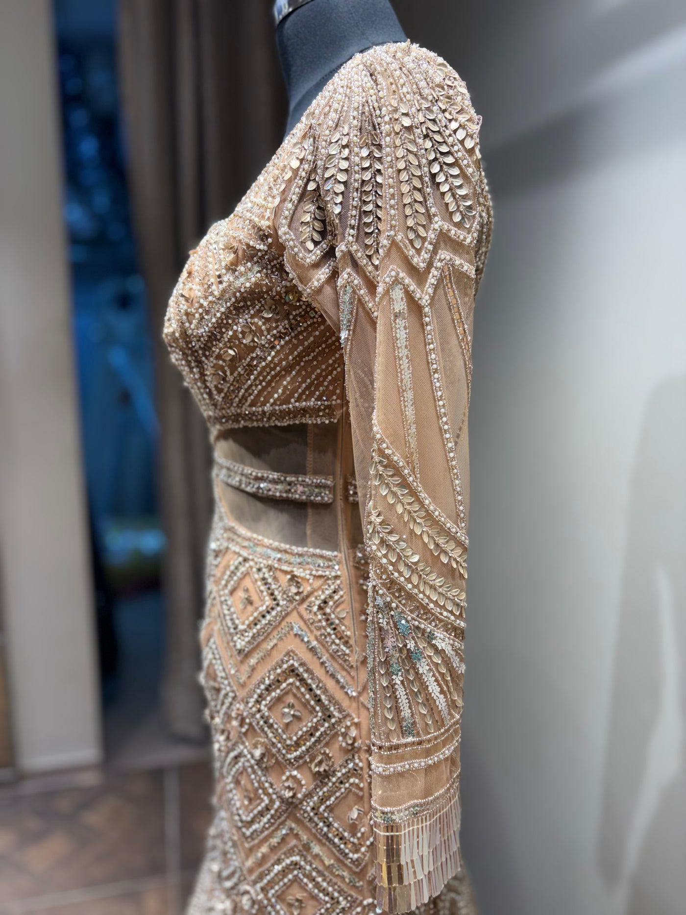 Beige Geometric Crystal Embellished Gown (NCN-1852 D-5)