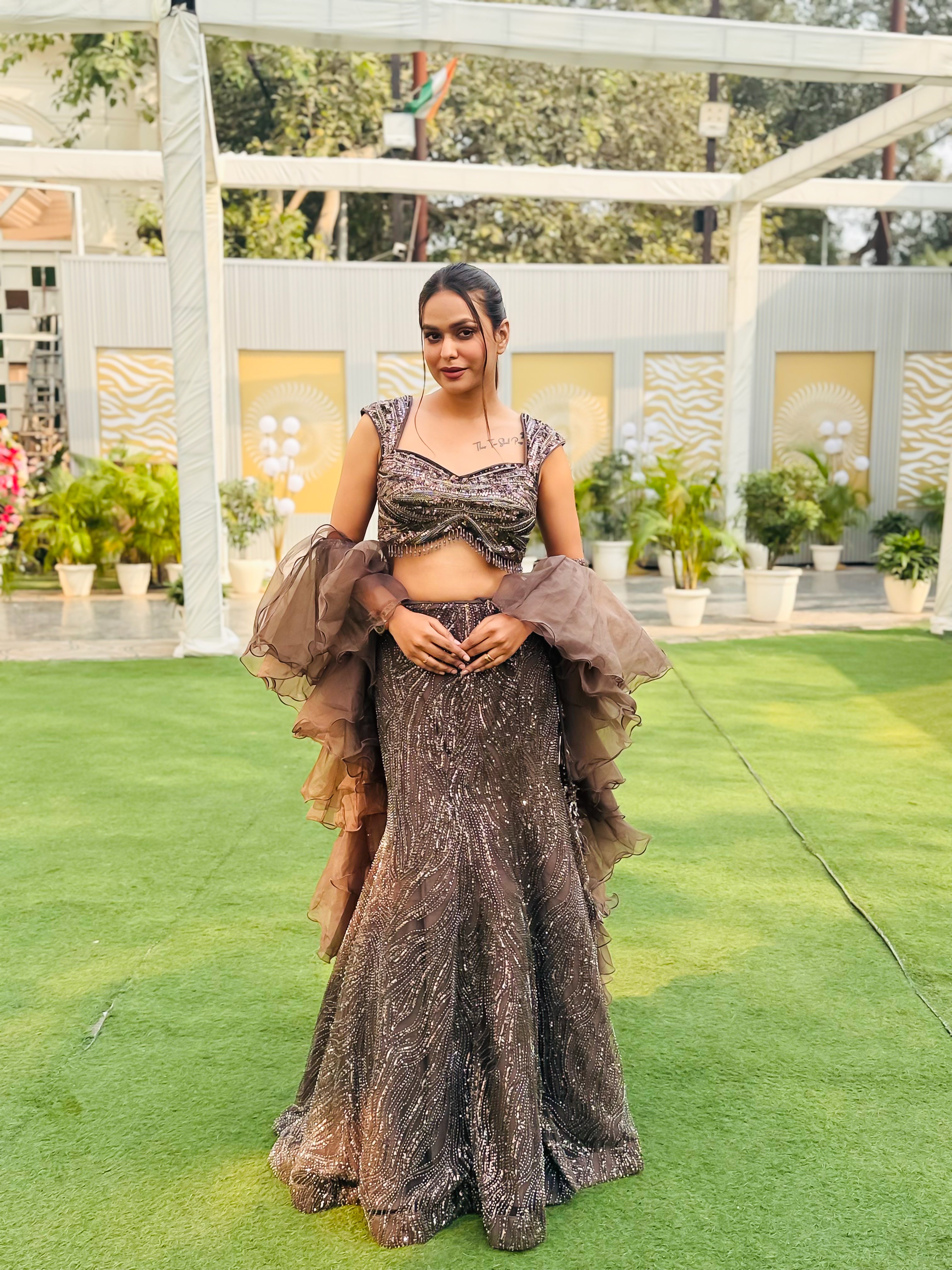 Mocha Shimmer and Ruffled Sleeve Lehenga Ensemble (7868 M-62) Main image