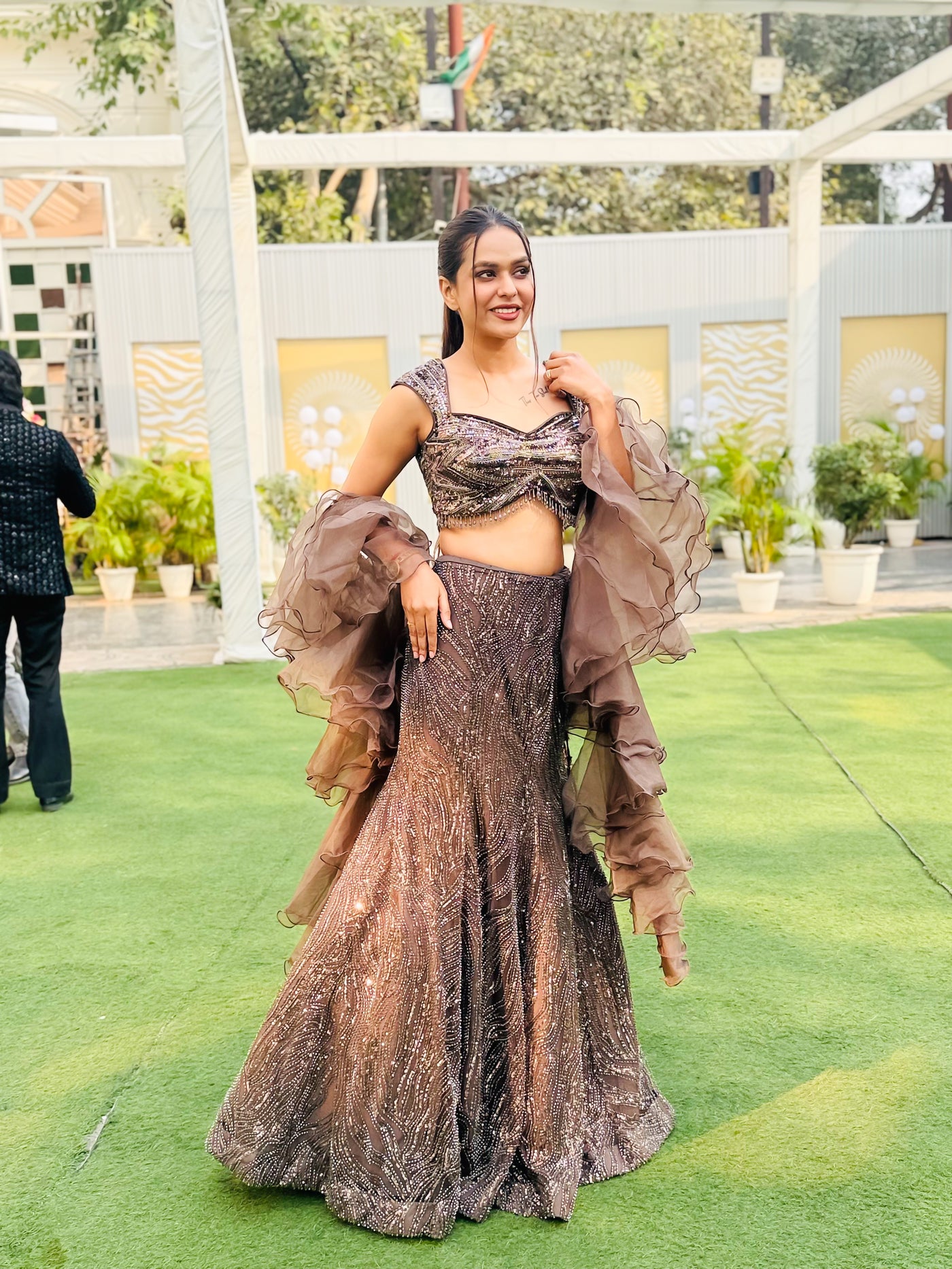 Mocha Shimmer and Ruffled Sleeve Lehenga Ensemble (7868 M-62)