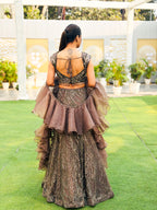 Mocha Shimmer and Ruffled Sleeve Lehenga Ensemble (7868 M-62)