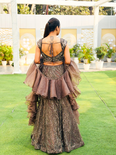 Mocha Shimmer and Ruffled Sleeve Lehenga Ensemble (7868 M-62)