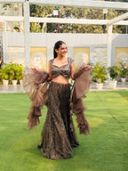 Mocha Shimmer and Ruffled Sleeve Lehenga Ensemble (7868 M-62)