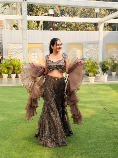 Mocha Shimmer and Ruffled Sleeve Lehenga Ensemble (7868 M-62)