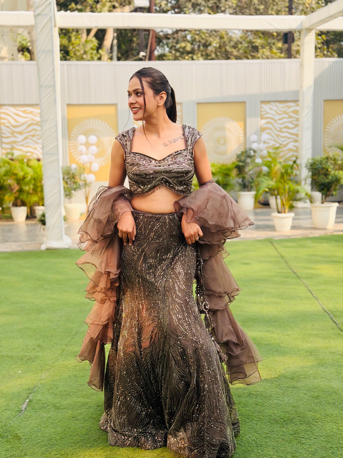 Mocha Shimmer and Ruffled Sleeve Lehenga Ensemble (7868 M-62)