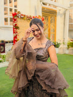 Mocha Shimmer and Ruffled Sleeve Lehenga Ensemble (7868 M-62)