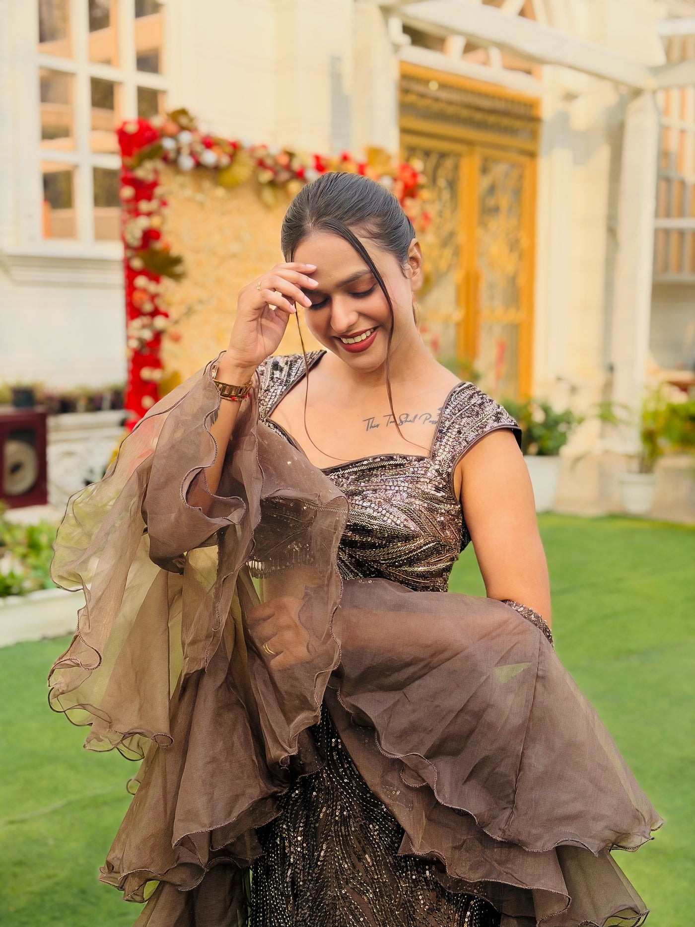 Mocha Shimmer and Ruffled Sleeve Lehenga Ensemble (7868 M-62)
