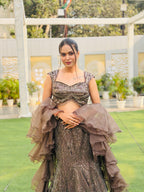 Mocha Shimmer and Ruffled Sleeve Lehenga Ensemble (7868 M-62)
