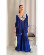 Royal Blue Crush Pleat Sharara Set with Floral Embroidery (S-261 B-1)
