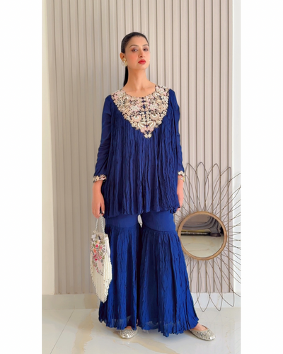 Royal Blue Crush Pleat Sharara Set with Floral Embroidery (S-261 B-1)