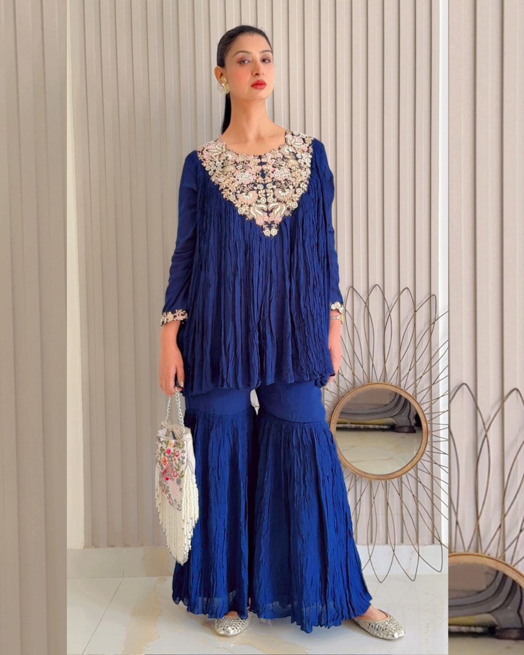 Royal Blue Crush Pleat Sharara Set with Floral Embroidery (S-261 B-1)