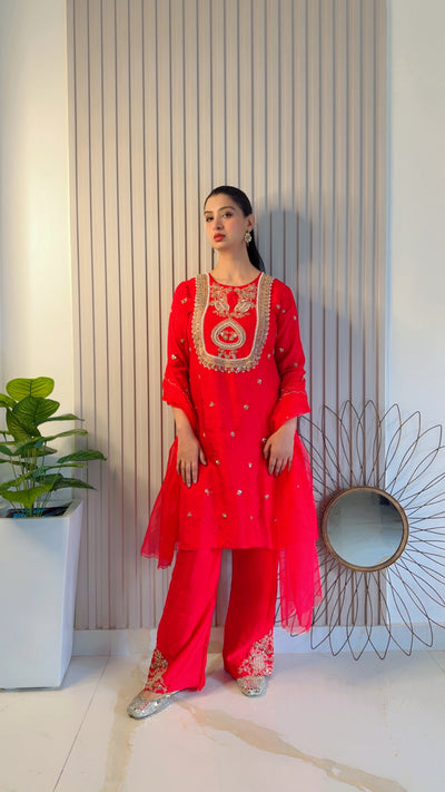 Vibrant Red Kurti Set with Gold Embellishment (LB-2104 B-35)