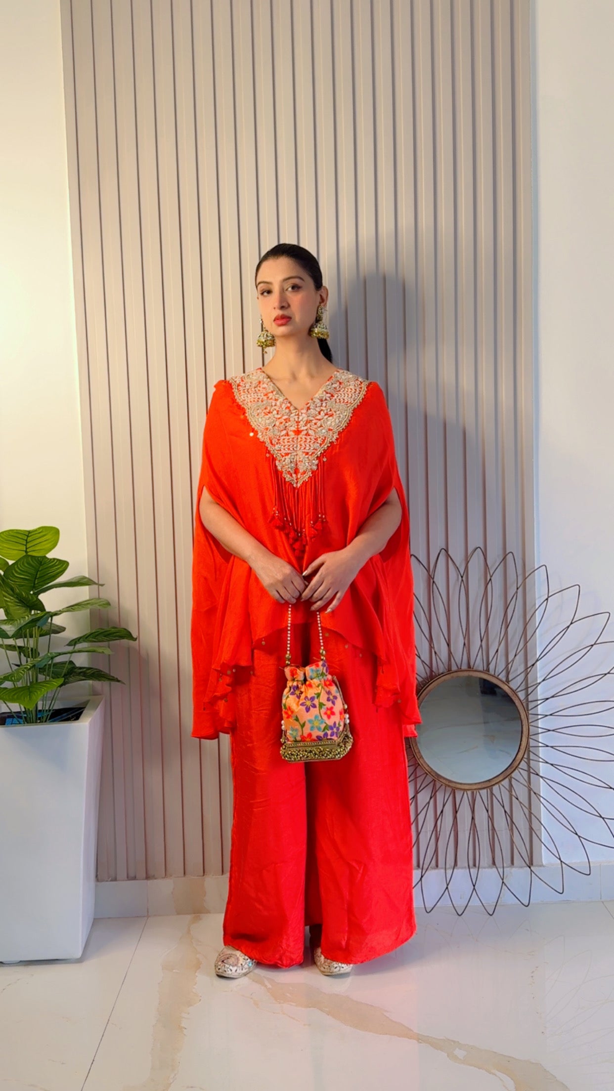 Vibrant Orange Kurta Set with Tassel Detail (S-336 B-1)