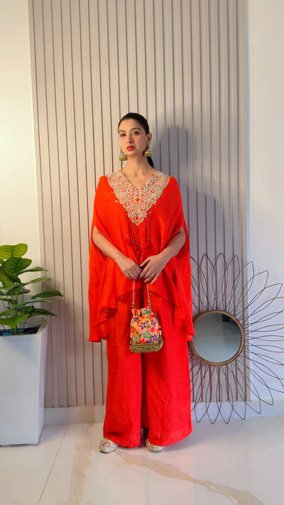 Vibrant Orange Kurta Set with Tassel Detail (S-336 B-1)