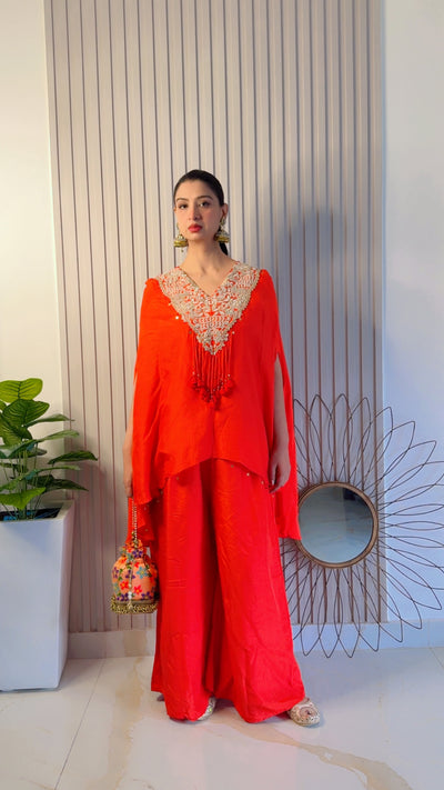 Vibrant Orange Kurta Set with Tassel Detail (S-336 B-1)