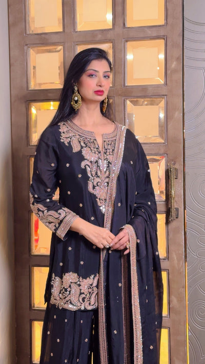 Sophisticated Black and Gold Embroidered Sharara Suit (9988 GS-62)