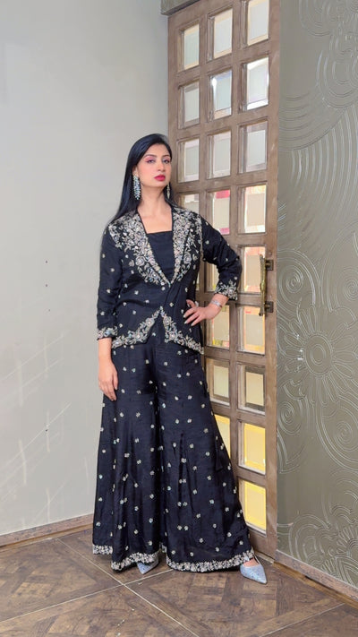 Black and Silver Embroidered Jacket Suit (SN85 B-83)