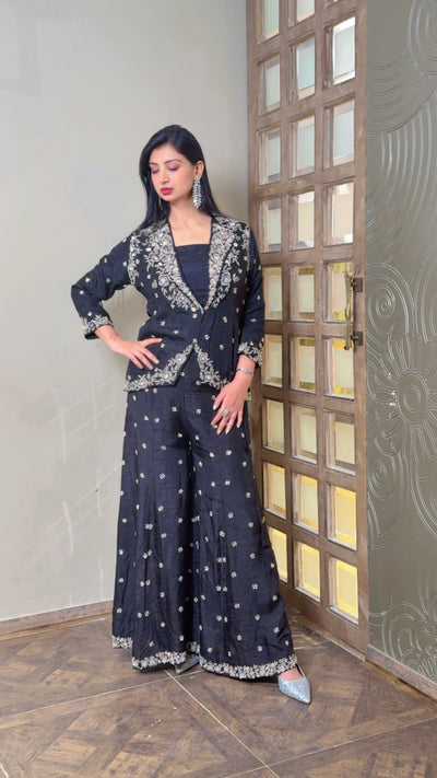 Black and Silver Embroidered Jacket Suit (SN85 B-83)
