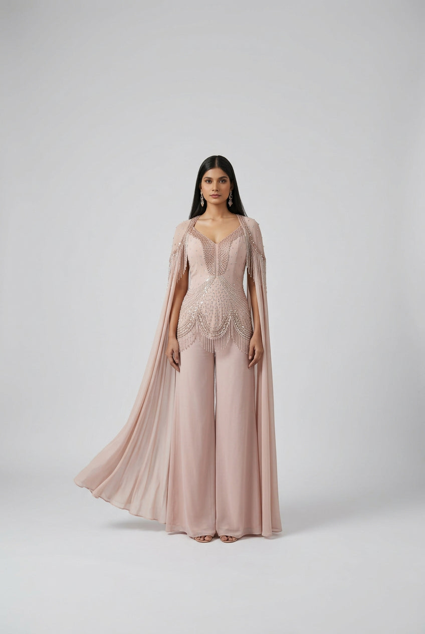 Blush Pink Embellished Cape Jumpsuit Ensemble Main image
