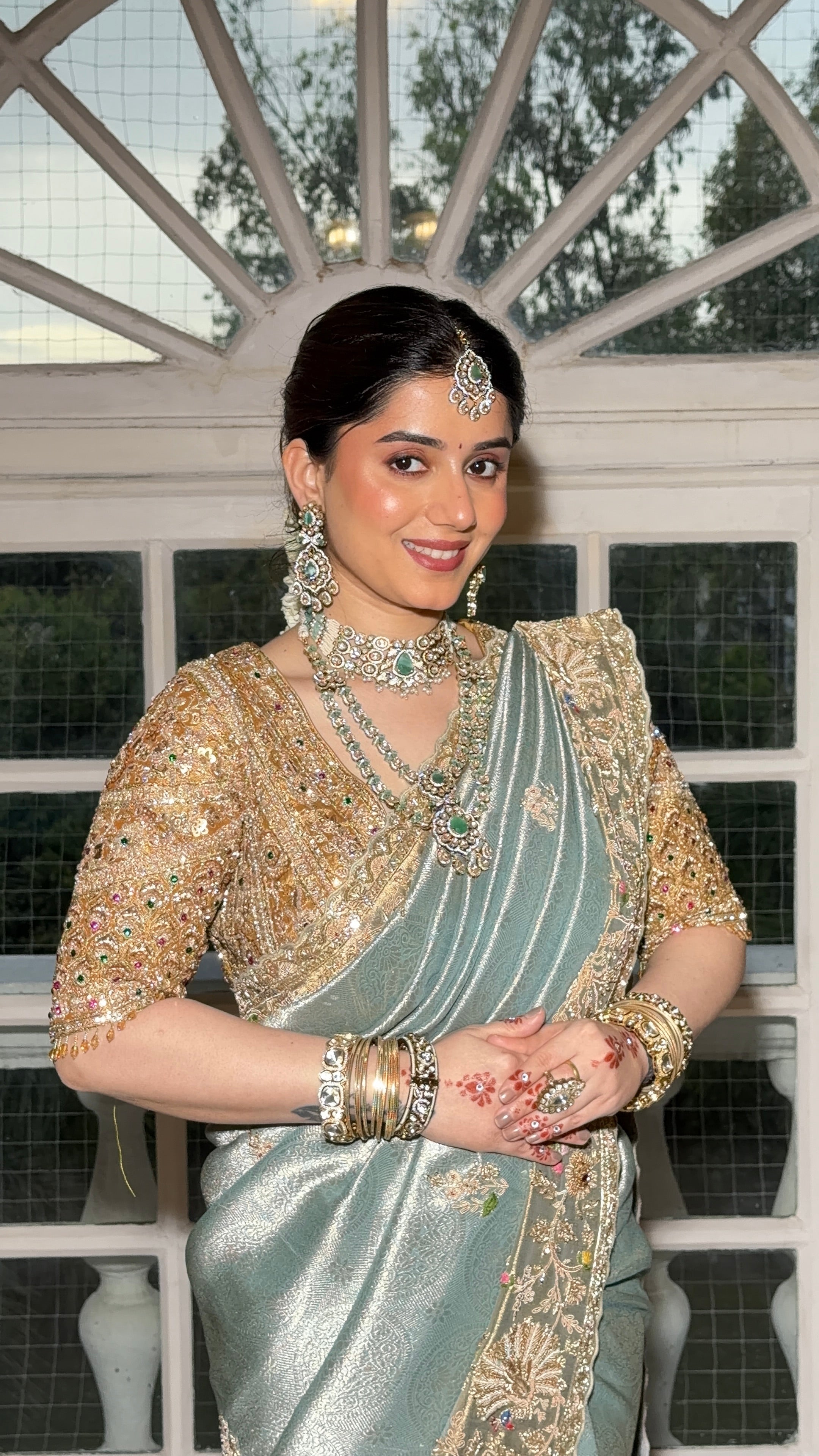 Ethereal Sage Green Hand-Embroidered Silk Saree Secondary image