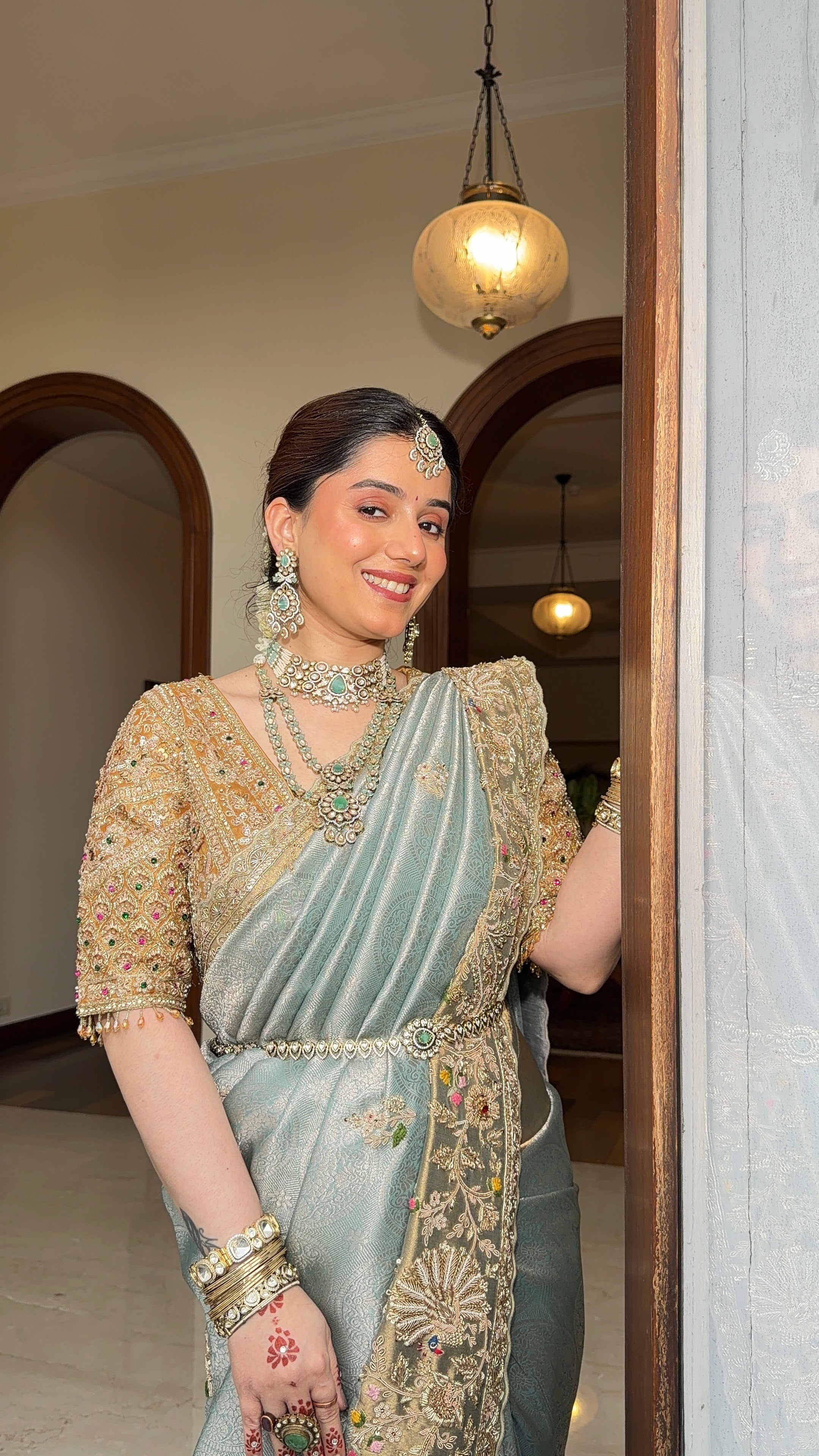 Ethereal Sage Green Hand-Embroidered Silk Saree Secondary image