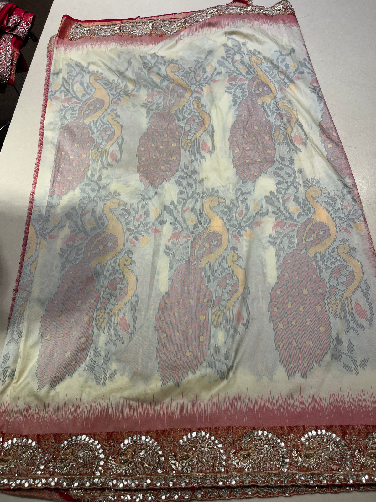 Off-White Ikat Printed Silk Saree with Rani Pink Pallu & Mirror-Work Border
